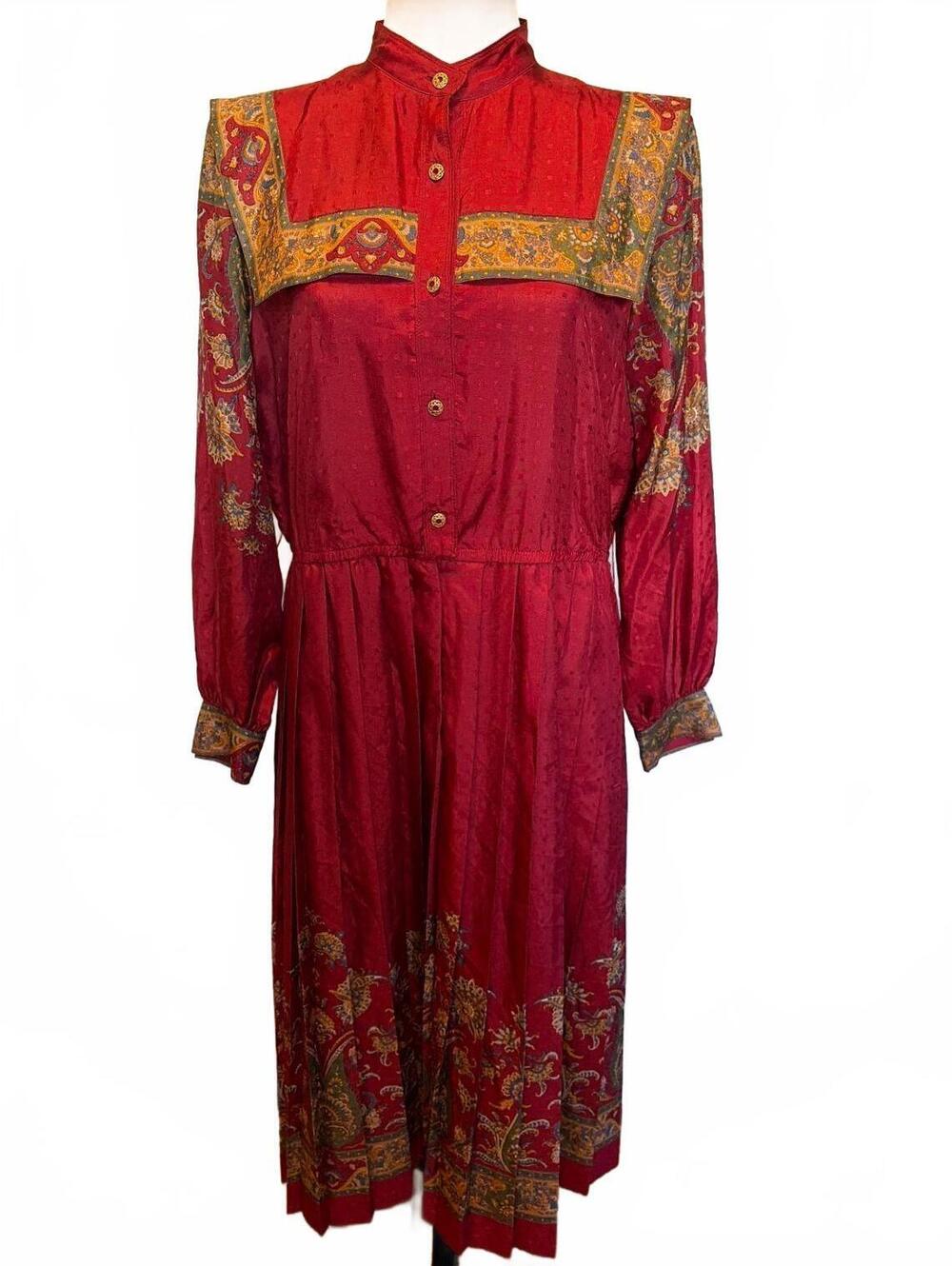 Vintage 80s Midi Dress M Burgundy Paisley Whimsigoth Dark Romantic Baroque Regal